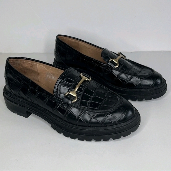 Madewell Shoes - Madewell Black Croc-Embossed Loafers with Gold Hardware